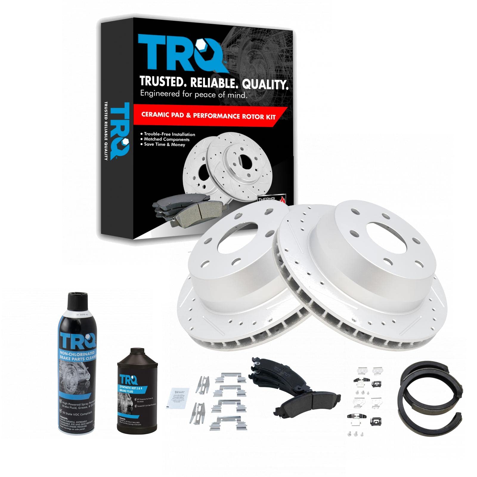 TRQ Performance Rear Brake Pad &amp; Rotor Kit Premium G-Coated Ceramic Slotted X Drilled Compatible with 02-06 Cadillac 00-06 Chevrolet GMC