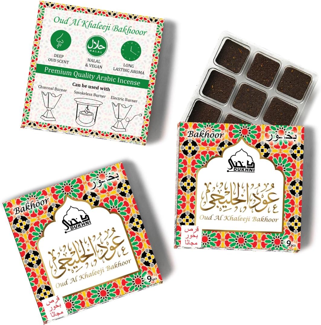 Oud Al Khaleeji Bakhoor by Dukhni | 3 Boxes x 9 Piece Each | Arabic Bakhoor Incense | Deep Oud Blend | Perfect for Prayer Time | to Relax & Meditate | Handmade Traditional Recipe