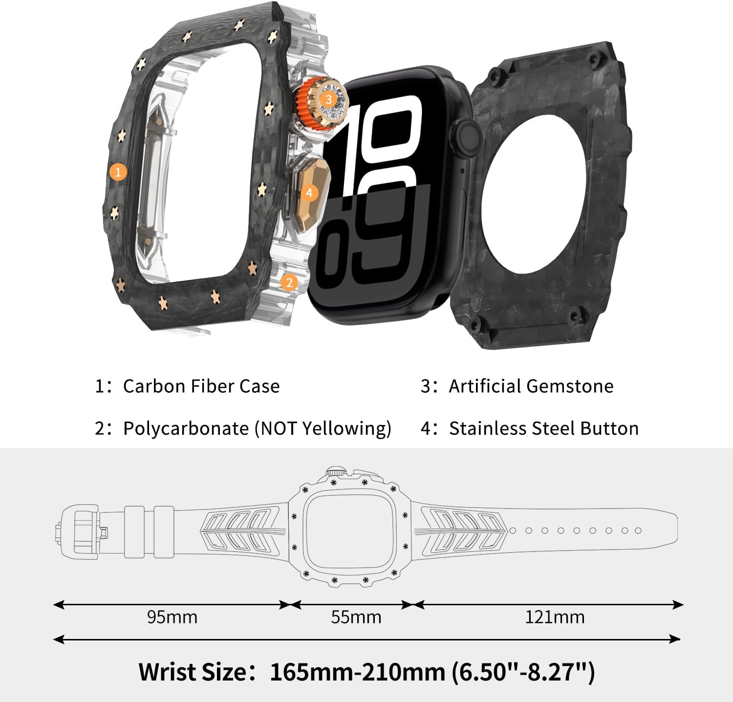 For Apple Watch 11/10 46mm Case Carbon Fiber Fluorine Rubber Band, Luxury iWatch 11/10 46mm Carbon Fiber Case for Men, Replacement Fluorine Rubber FKM Strap Apple Watch 46mm Protective Bumper Cover - Image 3