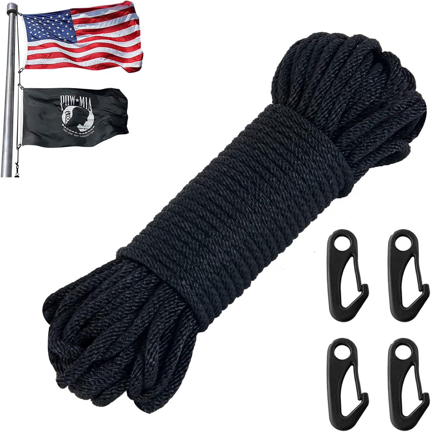NQ Flag Pole Rope Kit - 100 Feet x 1/4" Diameter Flag Pole Halyard Nylon Rope with 4 Pieces Flag Pole Hook Clips - Outdoor Flagpole Accessories, Rope for Clothesline, Swing, Camping (100FT, Black)