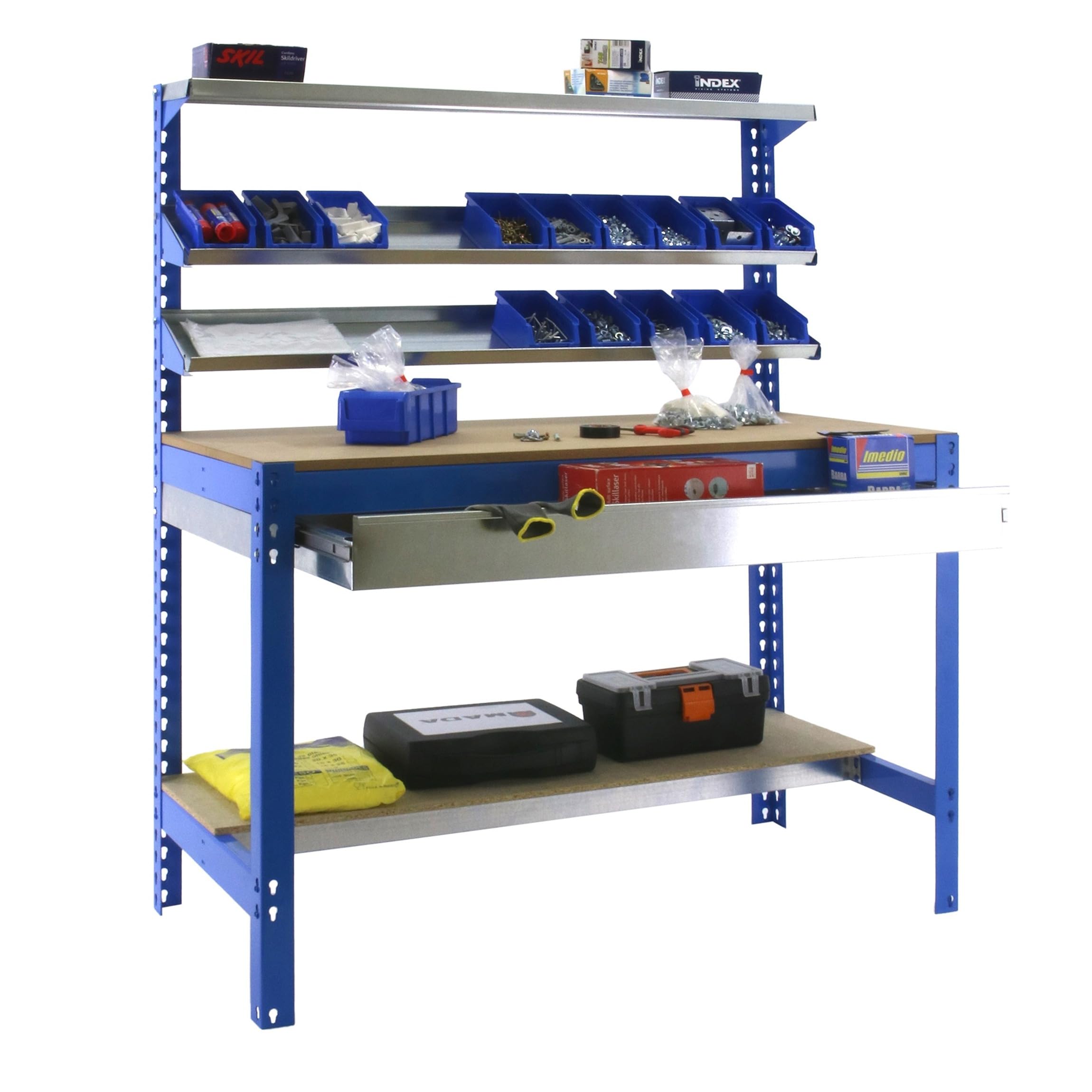 Simon Rack Banco de Trabajo con 3 repisas y cajón 910x610 mm - BT1 | Capacidad Carga 400 kg, Pintura anticorrosión, Azul , Montaje sistema clic