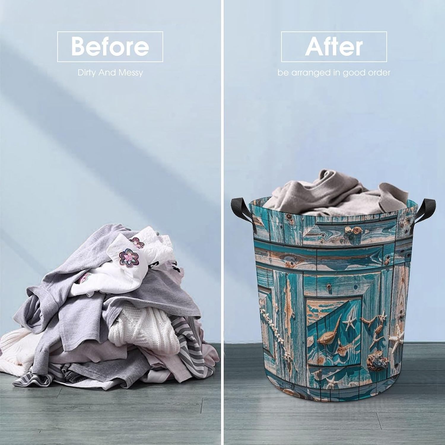 Laundry Hamper with Handle Ocean Patterns on Weathered Wooden Planks Laundry Basket Waterproof Dirty Clothes Hamper Circular Organizer Basket Portable Storage Bin Decorative Basket for Living Room Kit image 5