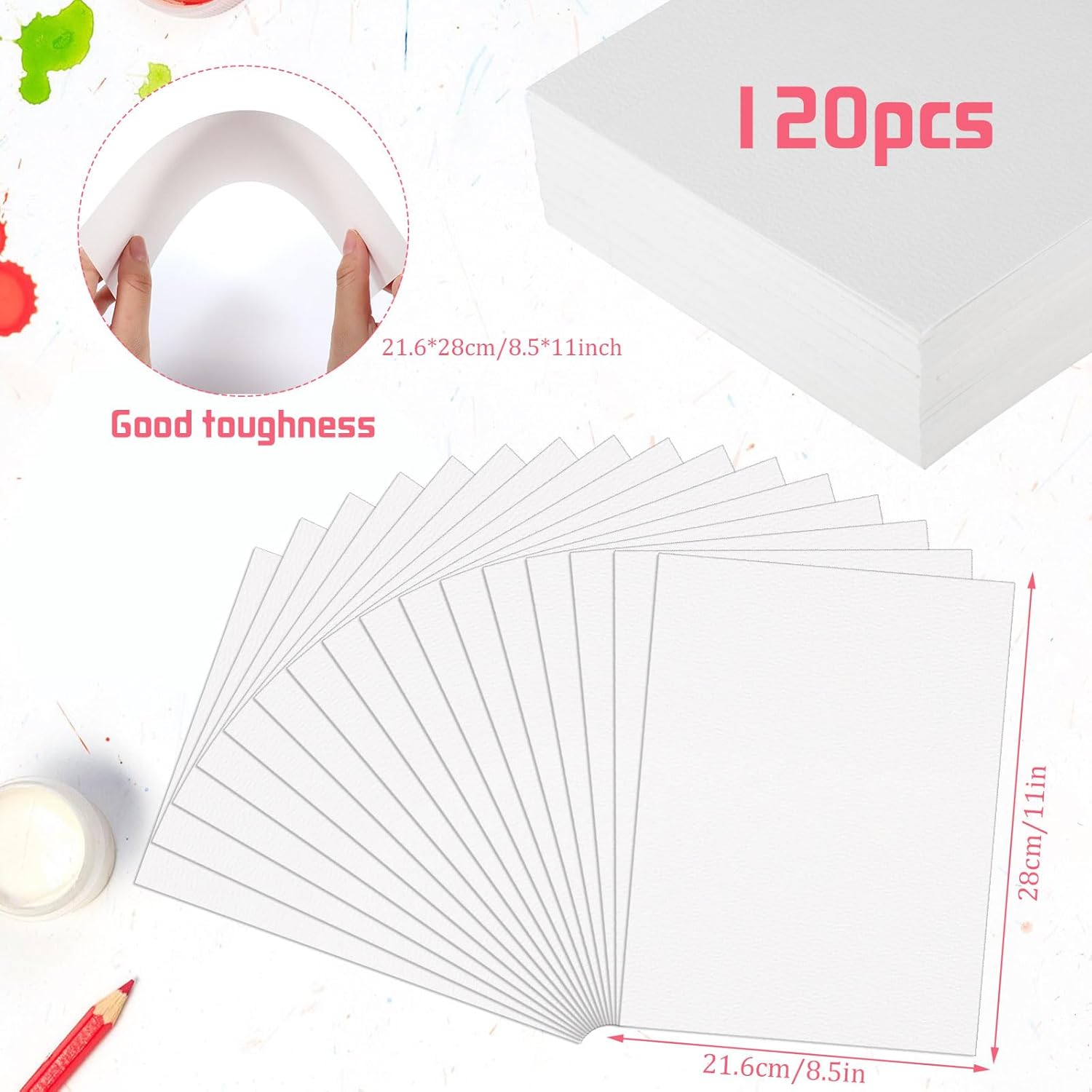 120 Sheets Watercolor Paper 8.5 x 11, 140 lb/300 GSM Cold Press Watercolor Paper Bulk White Water Color Paper for Kids Child Students Adults Artists Drawing