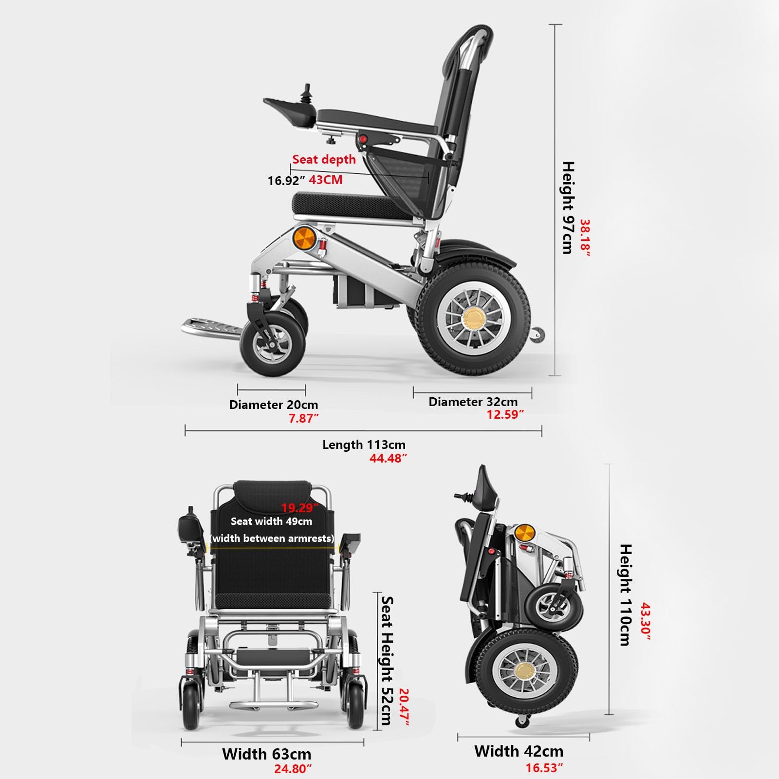 Silla de ruedas eléctrica, diseño plegable ligero, capacidad de carga de 100 kg, compacta y portátil para personas mayores y usuarios discapacitados