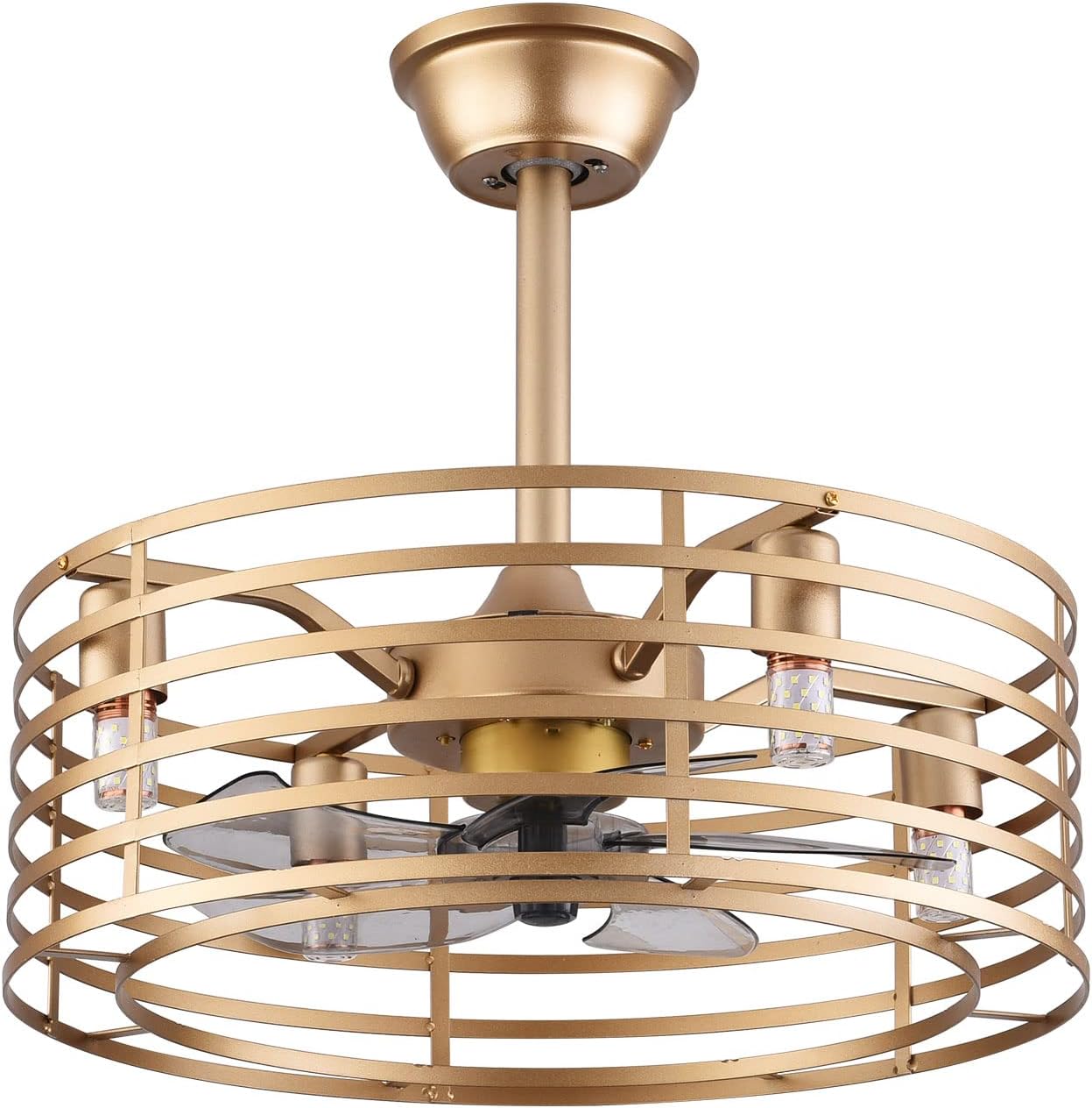 20 Inch Retro Metal Caged Enclosed Industrial Ceiling Fan Lights 3 Speeds Adjustable W/Remote Control 40W Flush Mount Gold Farmhouse Classic Chandelier Lamp