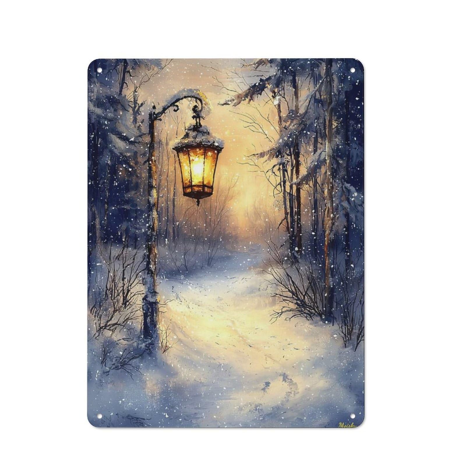 Junmoney Winters Glow Lantern Light On A Snowy Path Metal Sign 40X30cm With For Pub Or Café, Retro Decor, For Cooler-Month Interiors With Retro Character
