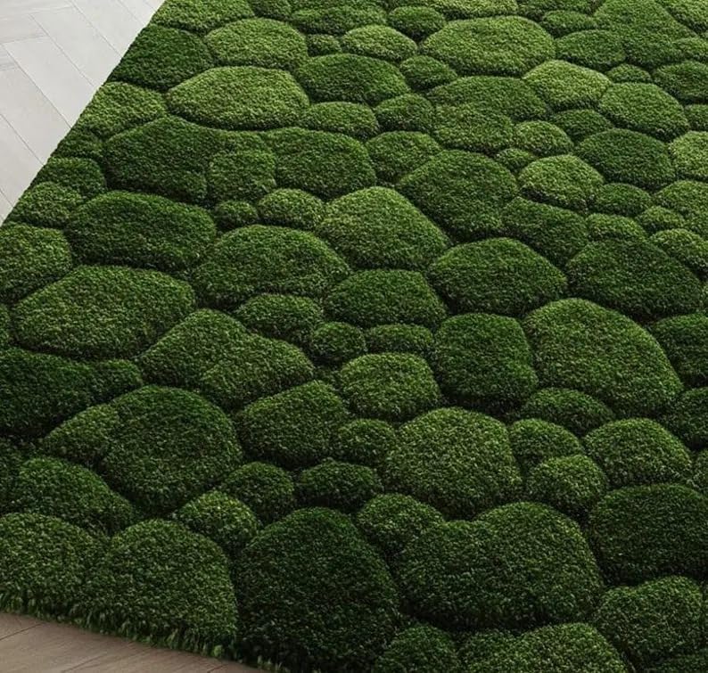 Green Moss Pebble Area Rug 10x14 ft (120x168 inch), 3D Textured Handmade Tufted Wool Carpet, Soft Thick Plush Modern Designer Rug for Living Room Bedroom Home Décor