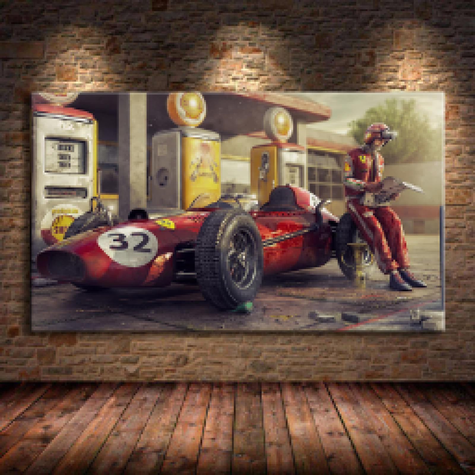 JACBON Stampa artistica da parete, poster di auto d'epoca, Ferrari, auto da corsa classica di F1, opera d'arte, dipinto su tela, pronto per essere appeso, 70x140 cm (28x55 pollici) Cornice interna