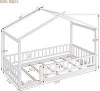 Vista 2 de Merax Cama de tamaño individual de madera estilo casa con valla, marco de cama de madera con techo y barandilla de seguridad para niños, Blanco