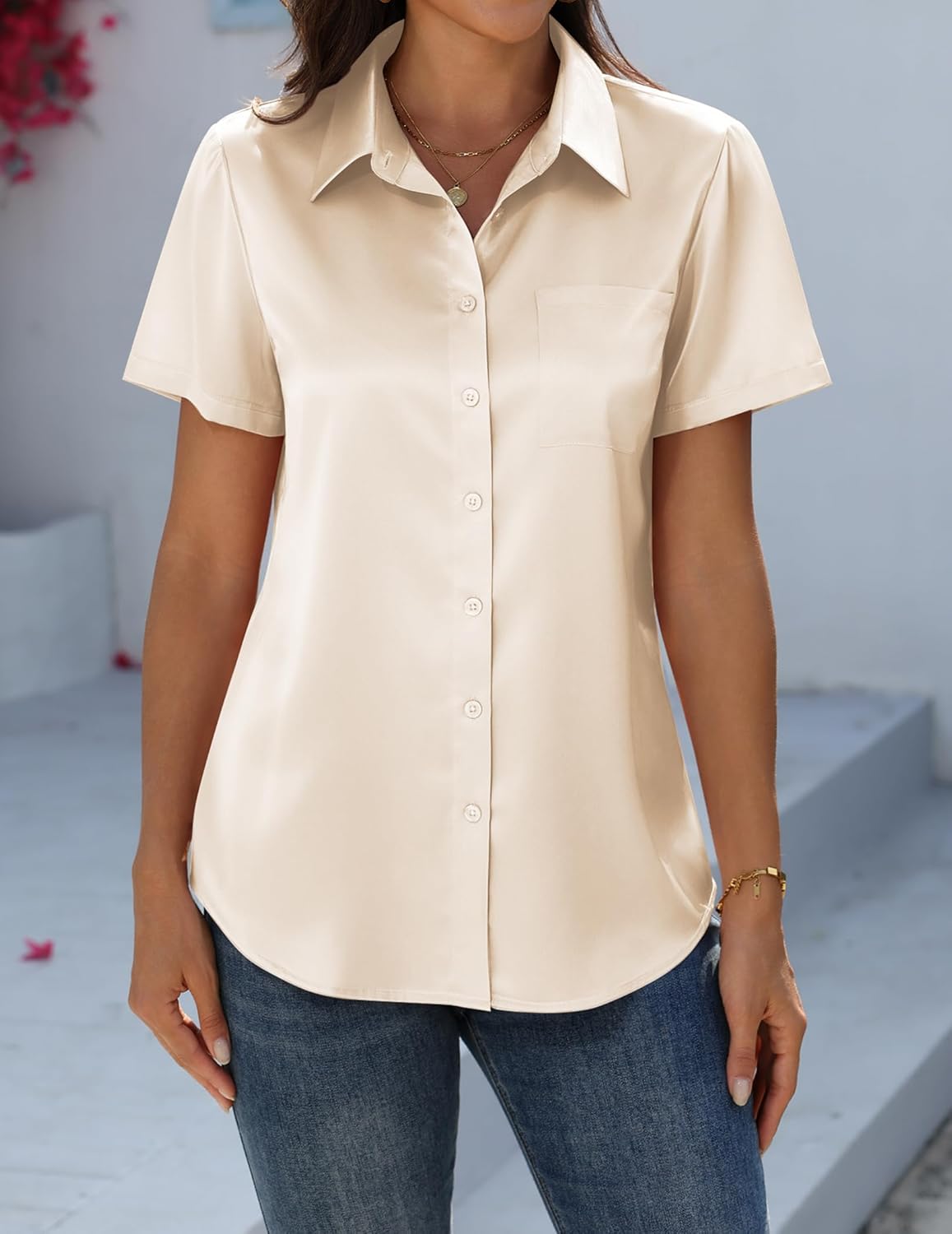 Zeagoo Satin Blouses for Women Silk Button Down Shirts Short Sleeve Business Casual Tops - Image 4