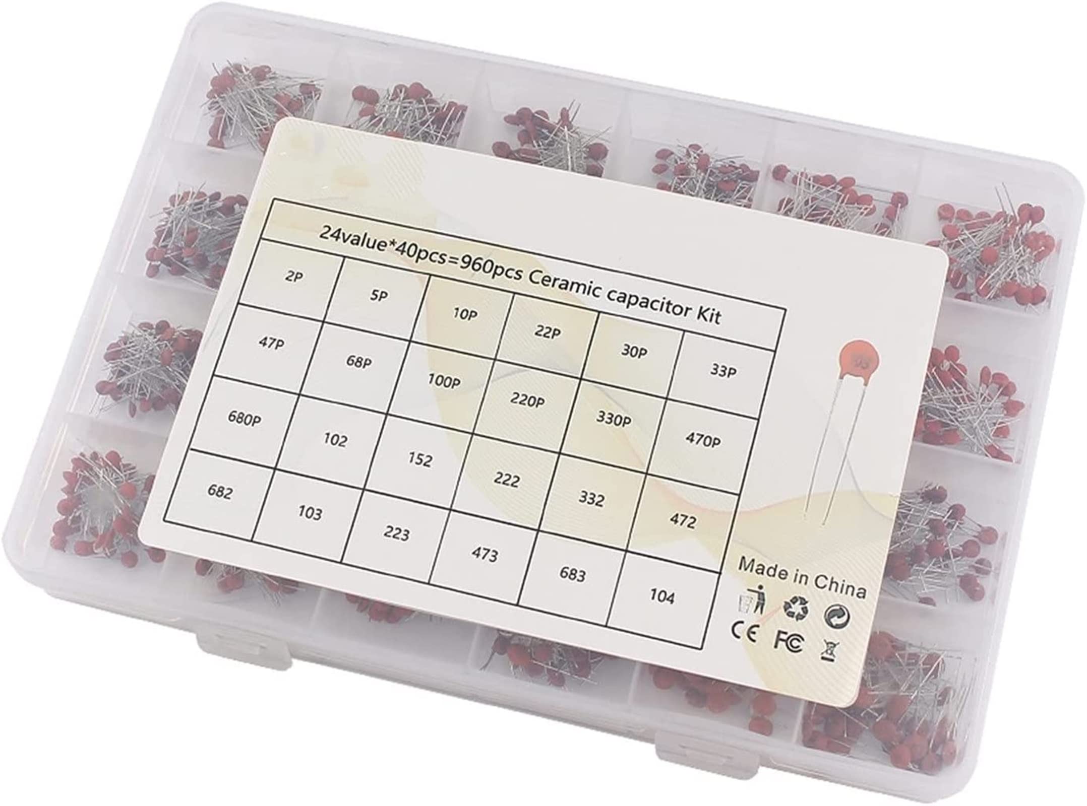 Kit de condensadores de conmutación Kit surtido de condensadores de cerámica de 24 valores 2PF-0.1UF 50V Conjunto de condensadores de cerámica 47PF 68PF 100PF 220PF Paquete de condensadores electrónic