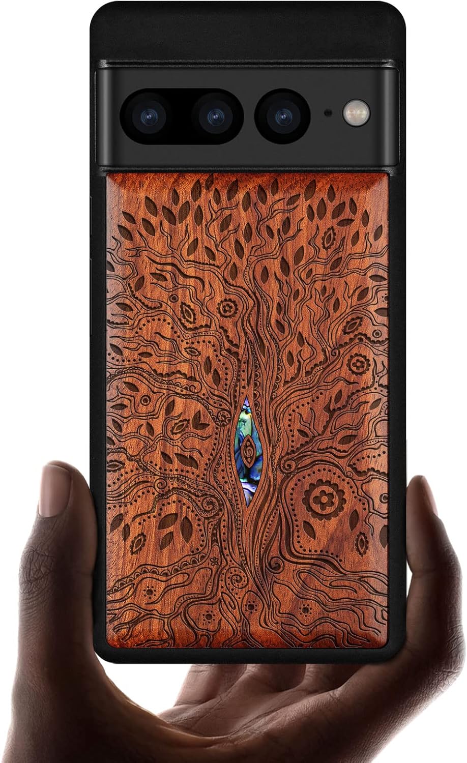 Carveit Designer Wooden Case for Google Pixel 7 Pro Case [Wood Engraving & Shell Inlay] Unique Wood Cover Compatible with Wireless Chargers Pixel 7 Pro (Tree of Life-Rosy)