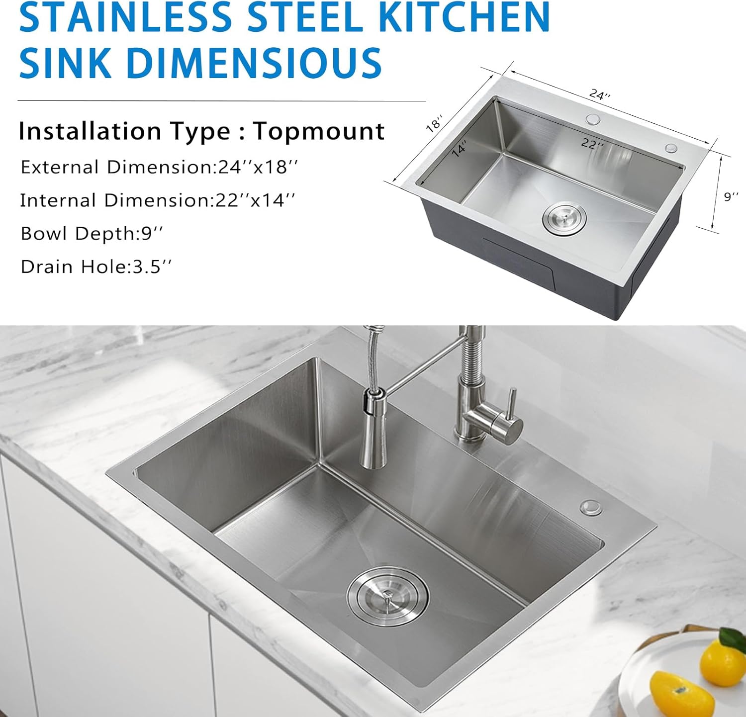 HOTIS 24 x 18 Inch Drop In Kitchen Sink, Overmount 304 Stainless Steel RV Laundry Utility Sink, Topmount Extra-thick 16 Gauge Brushed Nickel Single Bowl Sink with Dish Grid & Drain