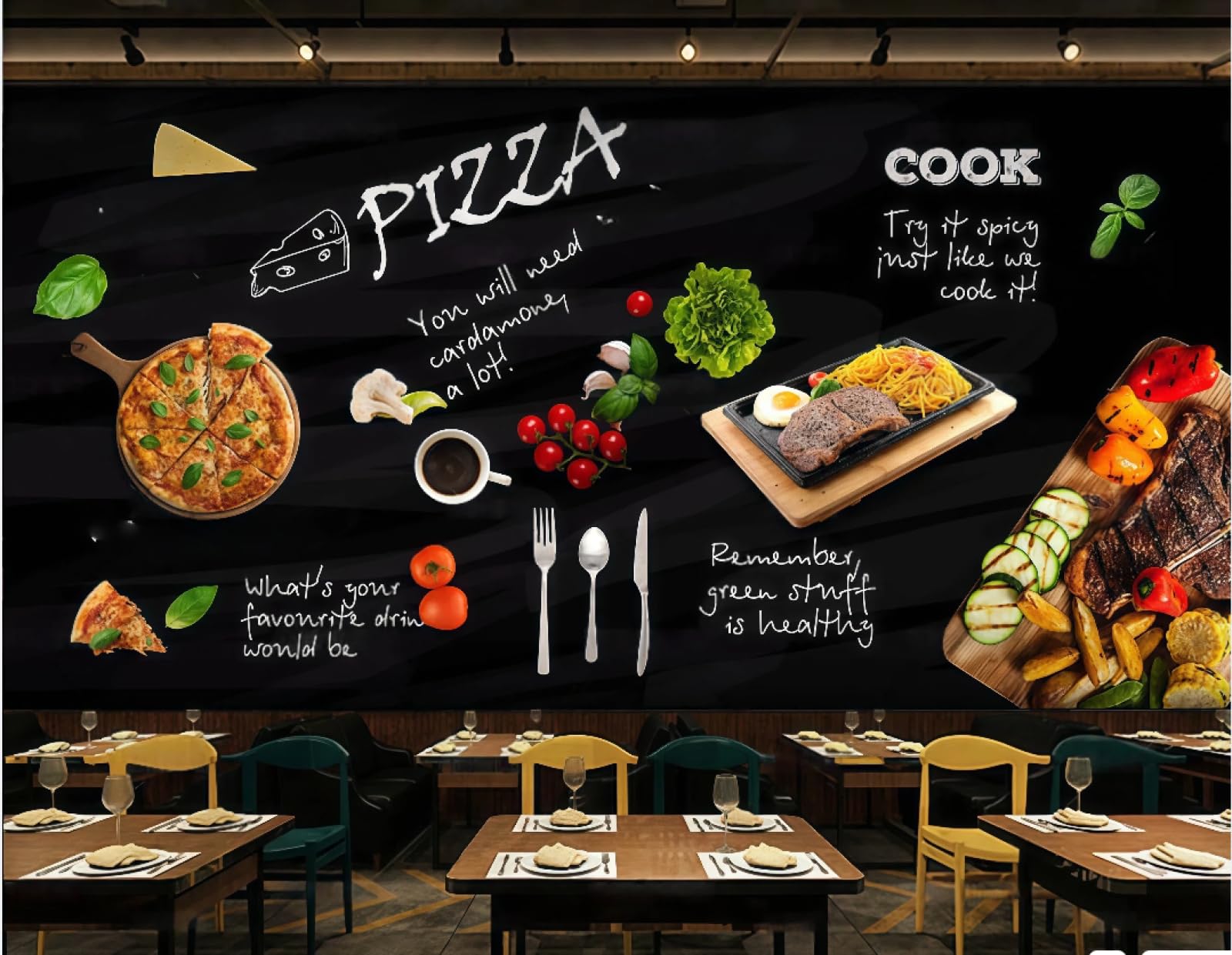 Xdoubao 3D Wallpaper Retro Black Hand Painted Delicious Steak Pizza Shop Fast Food Mall Coffee Shop Background Mural Western Restaurant Wallpaper,,150X105cm