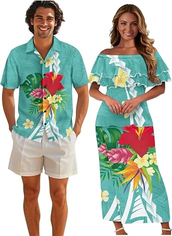 Boatee Couple Matching Hawaiian Outfits 4-Way Stretch Fabric Men Short Sleeve Shirt Women Off Shoulder Maxi Dress