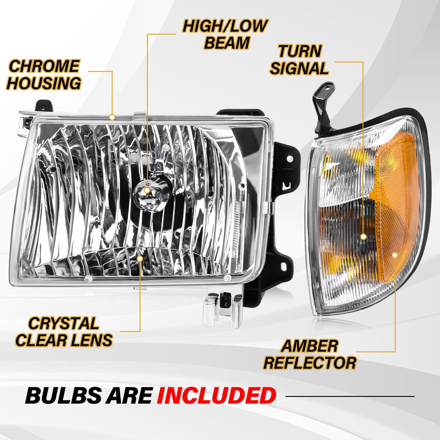 Headlight Assembly with Corner Light Compatible with Nissan Xterra 2000 2001 | Frontier 1998-2000, Chrome Housing Clear Lens Halogen Headlamp for 26010-3S525 26060-3S525, 4Pcs without Bulbs