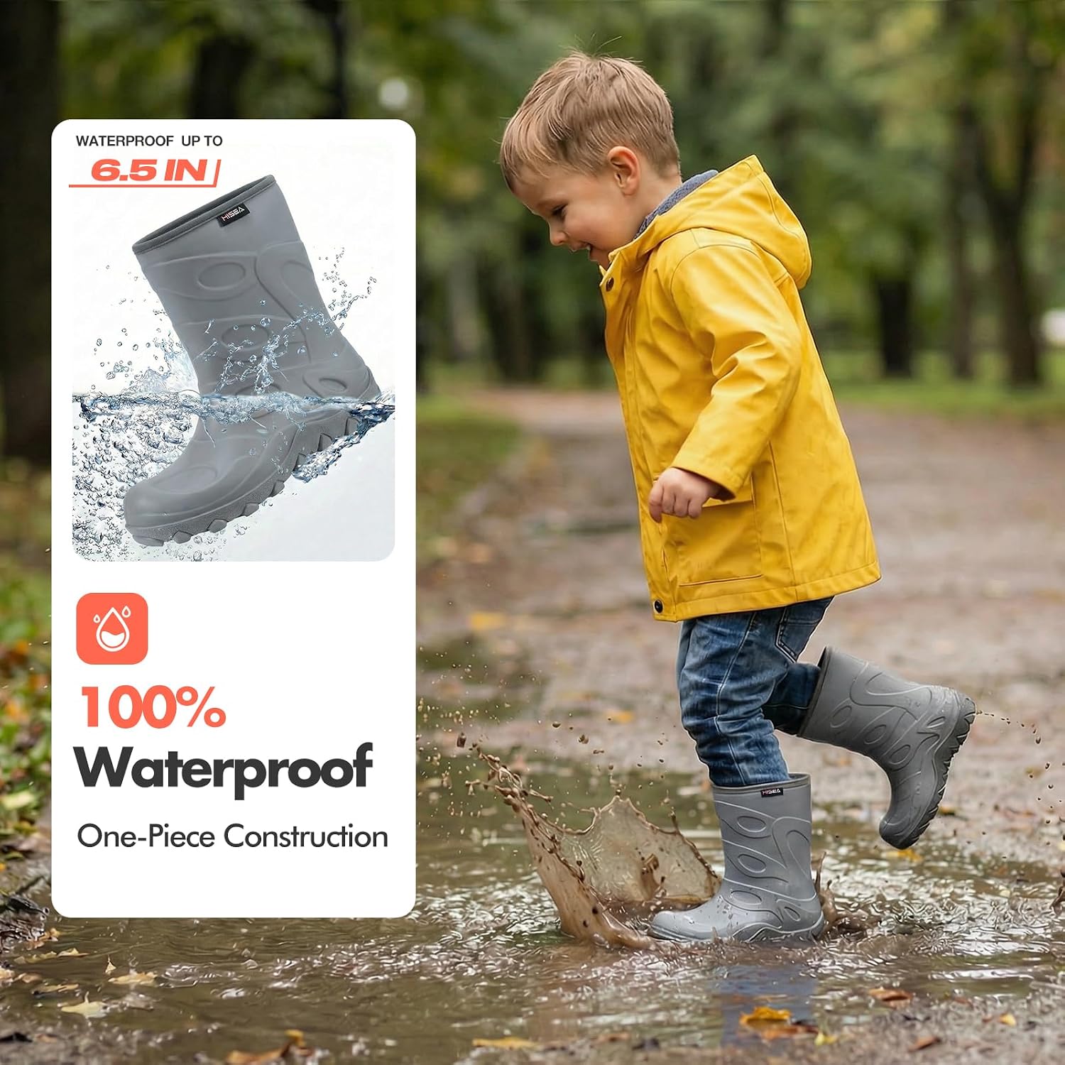 HISEA Kids Rain Boots for Boys Girls, Waterproof Insulated Easy-on Toddler Rubber Boots, Lightweight Seamless Wide Mud Boot with Non-Slip Outsole for Outdoor Playing