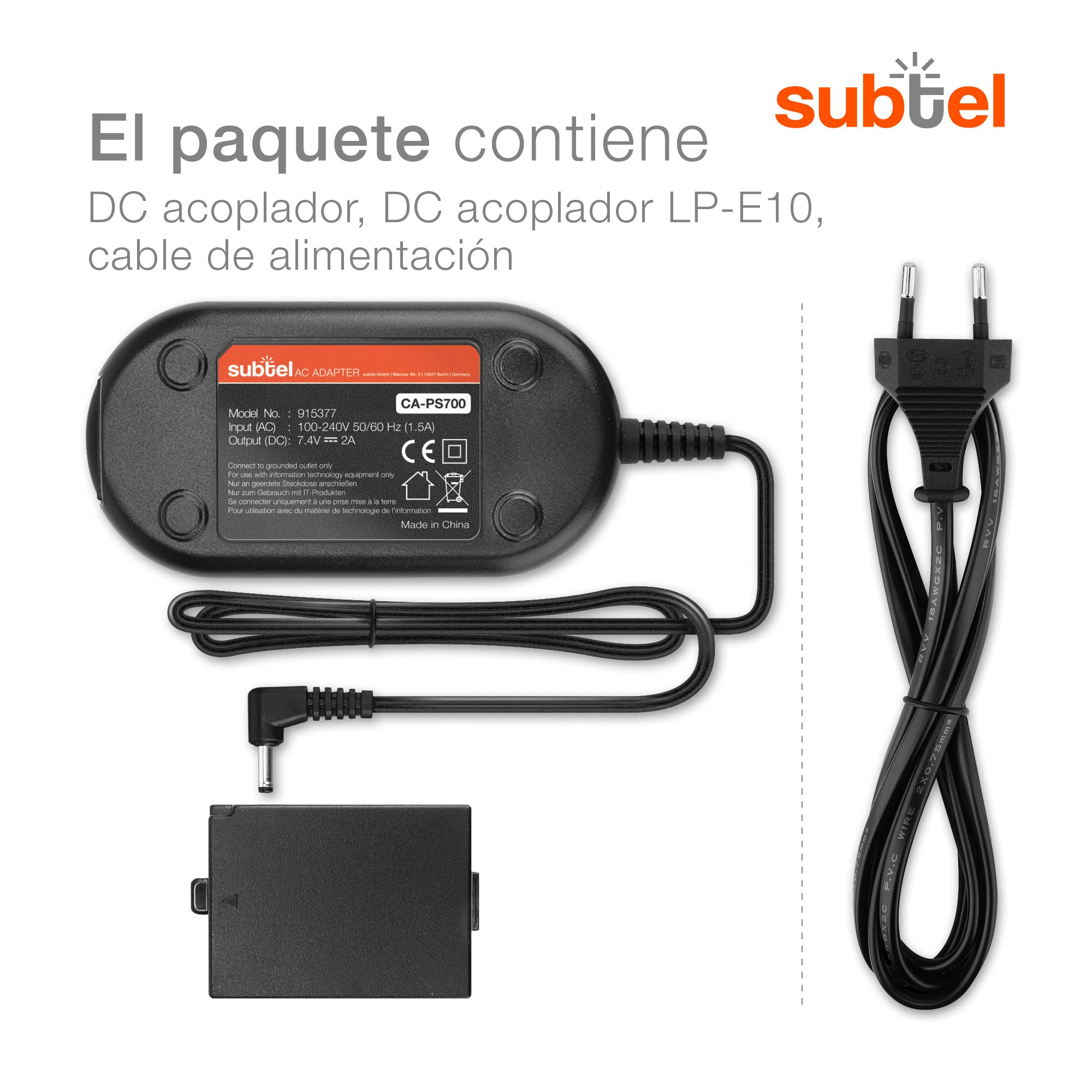 subtel Fuente de alimentación Compatible con ca. 3m ACK-E10 + Acoplador DC Alimentador DC Coupler, Dummy Battery