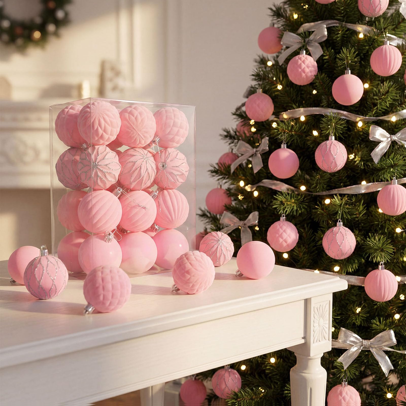 24 Stück glitzernde, samtige Weihnachtskugel Ornamente, bruchsichere Weihnachtskugeln aus Kunststoff für Baumsimse, Türdekoration, Zuhause, Urlaub, Terrasse