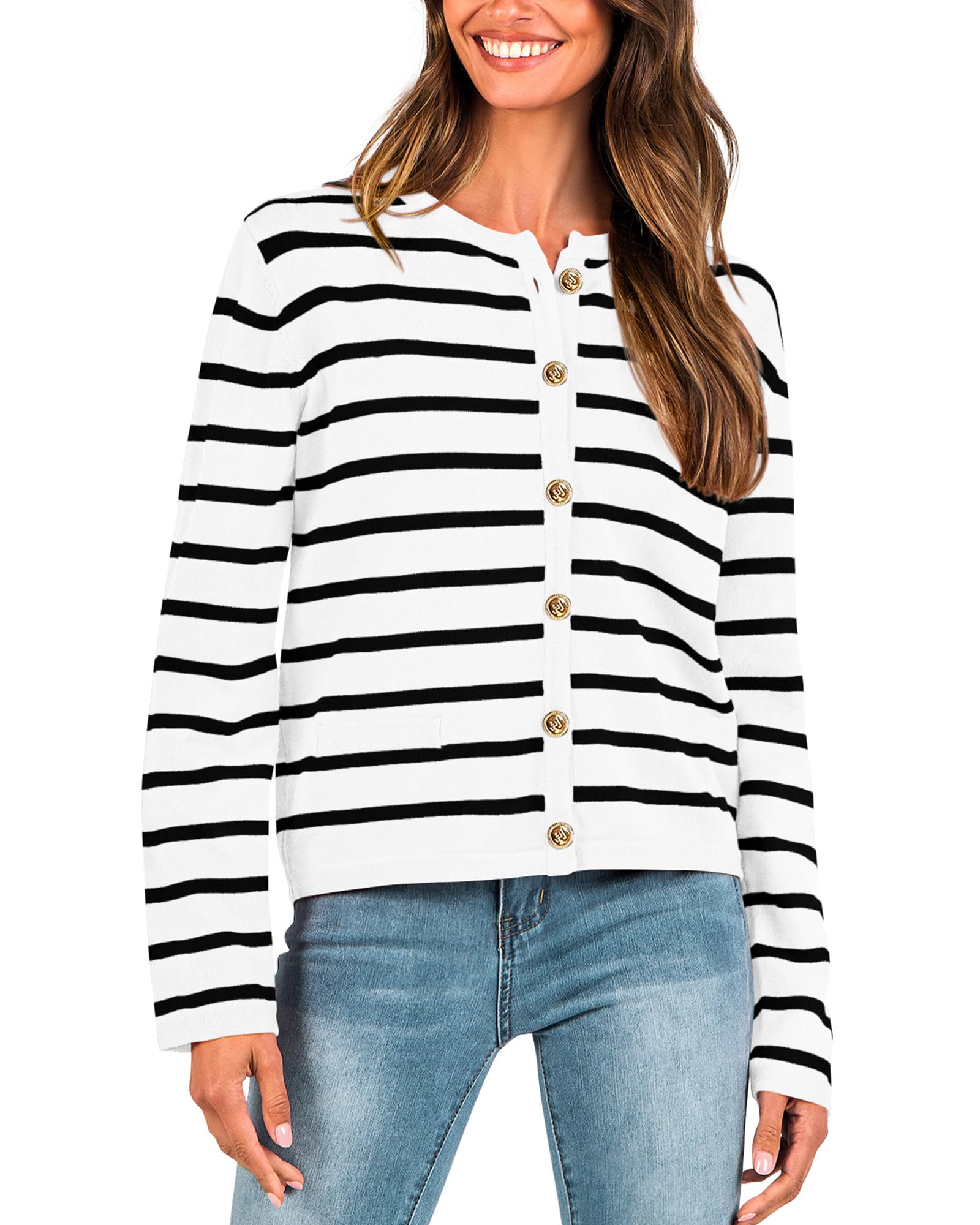 BTFBM Women's Cardigans Sweater 2024 Spring Striped Long Sleeve Button Down Crop Open Front Knit Outerwear Deco Pockets