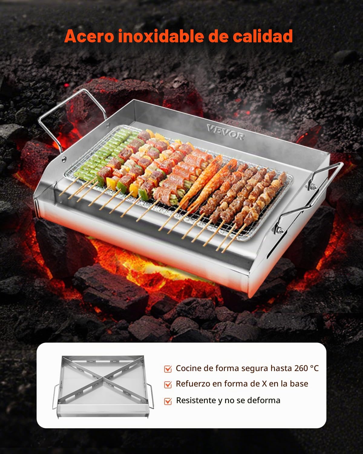 VEVOR Parrilla de Acero Inoxidable con Placa Rectangular Universal 425 x 270 mm con Superficie Plana, Plancha de Gas para Barbacoa, Utensilios de Cocina Portátiles con Asa, Color Acero Original