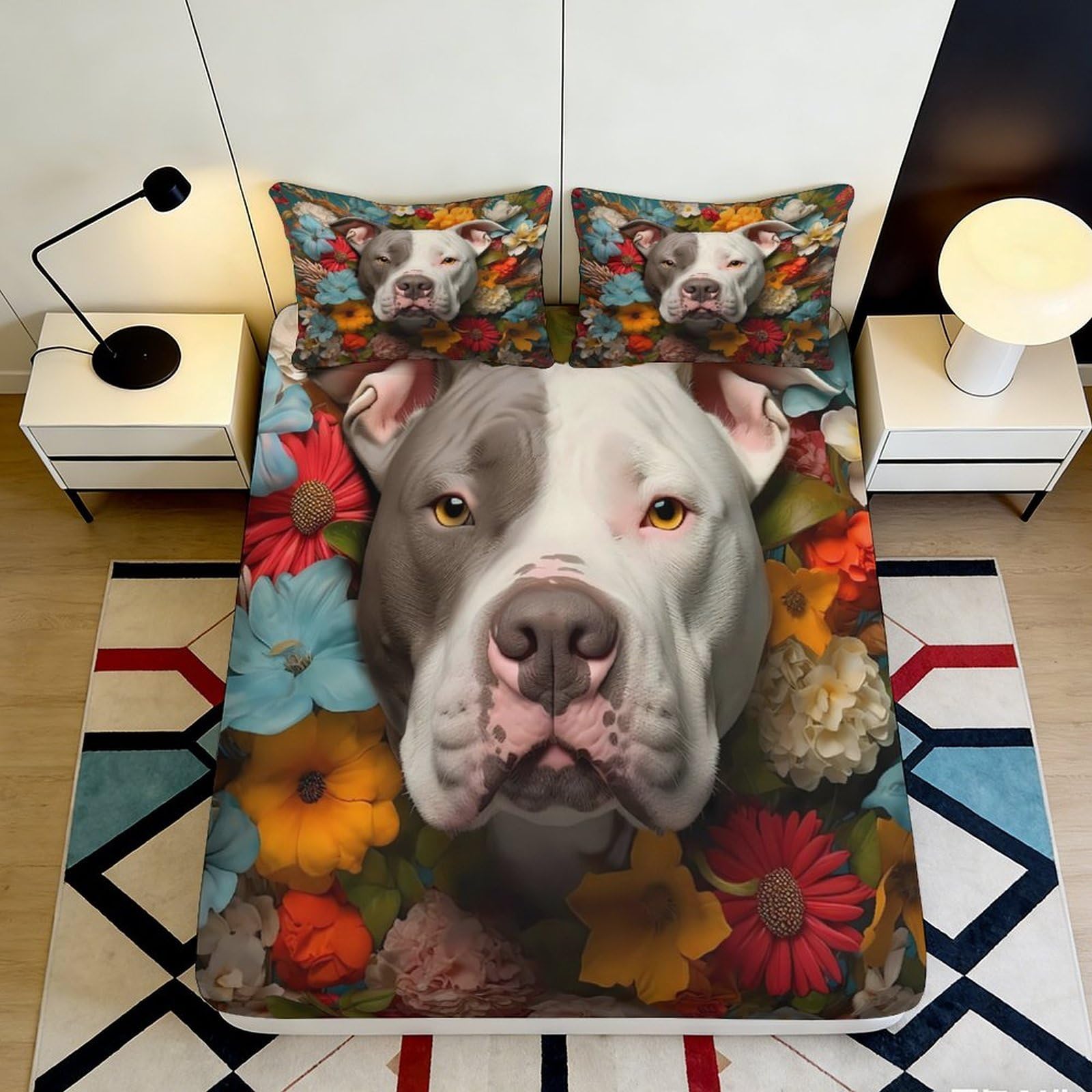 3D Printed Pitbull Dog Floral Fitted Sheet Microfiber Soft Durable Colorful Bed Cover for Bedroom Dormitory Guest Room Mattress Protection 120x200x25cm