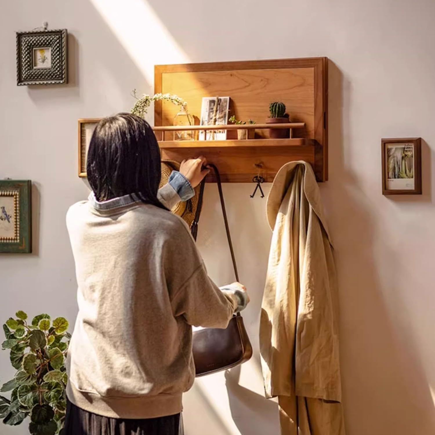 Elegant Wooden Electric Meter Box Decorative Cover, Swing/Side Flip Door with Shelves and Hooks, Protective Circuit Breaker Fuse Box Cover for Farmhouse, Home