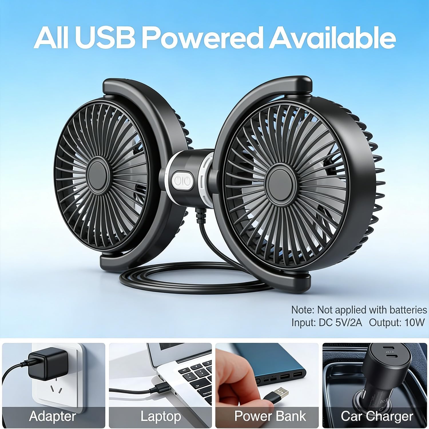 USB Car Fan for Back Seat for Kids, Quiet 3 Speed Independently Controlled, 360° Rotate Dual Head Car Seat Fan with Strong Wind to Promote Air Circulation, for SUV, Sedan & Truck