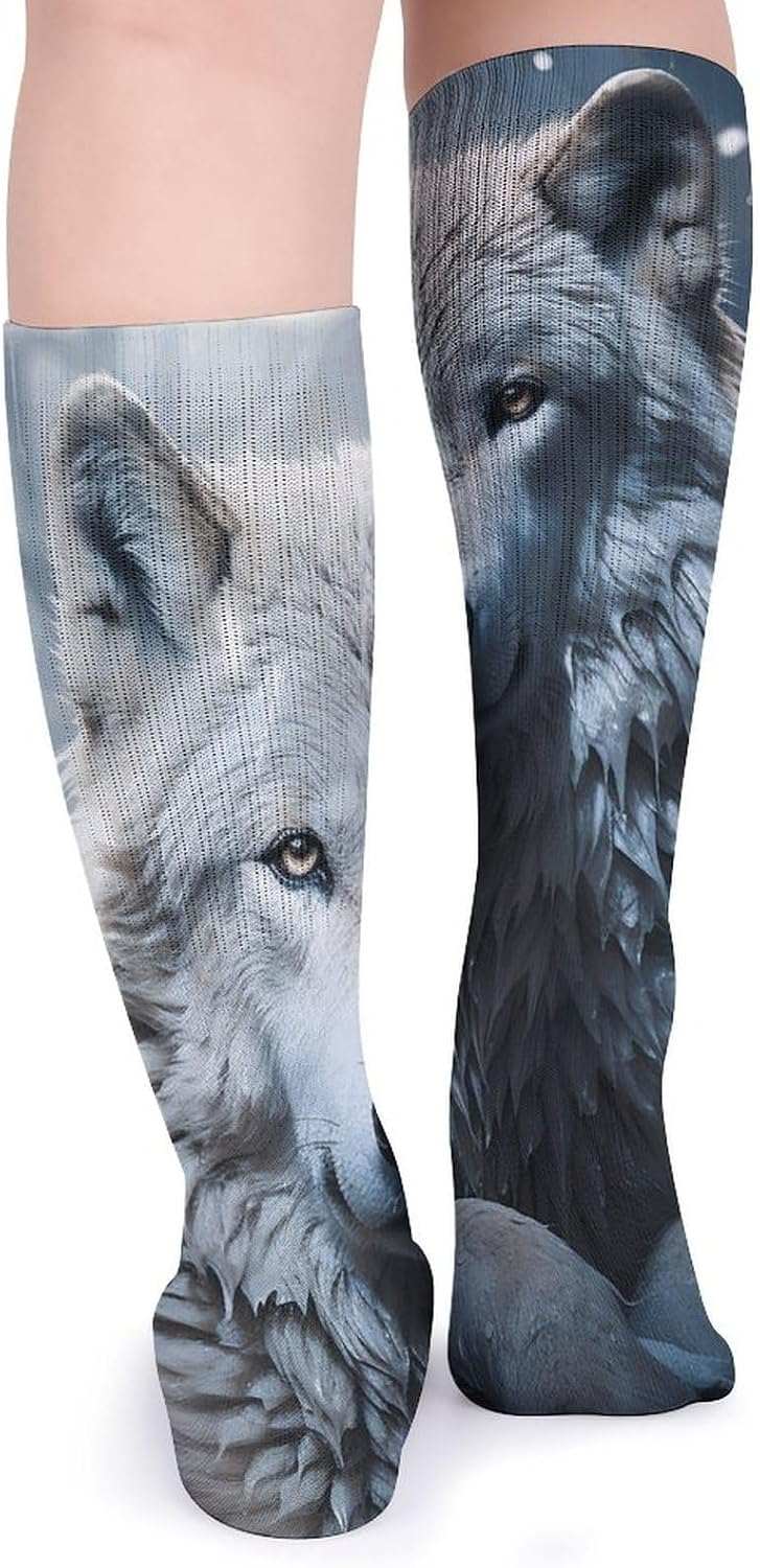 Breathable Crew Sock, Moisture Wicking, Athletic Calf Socks, Cozy | Wolf Sitting in The Snow Compression Socks for Women Men, Lightweight High Work Socks for Business, Casual