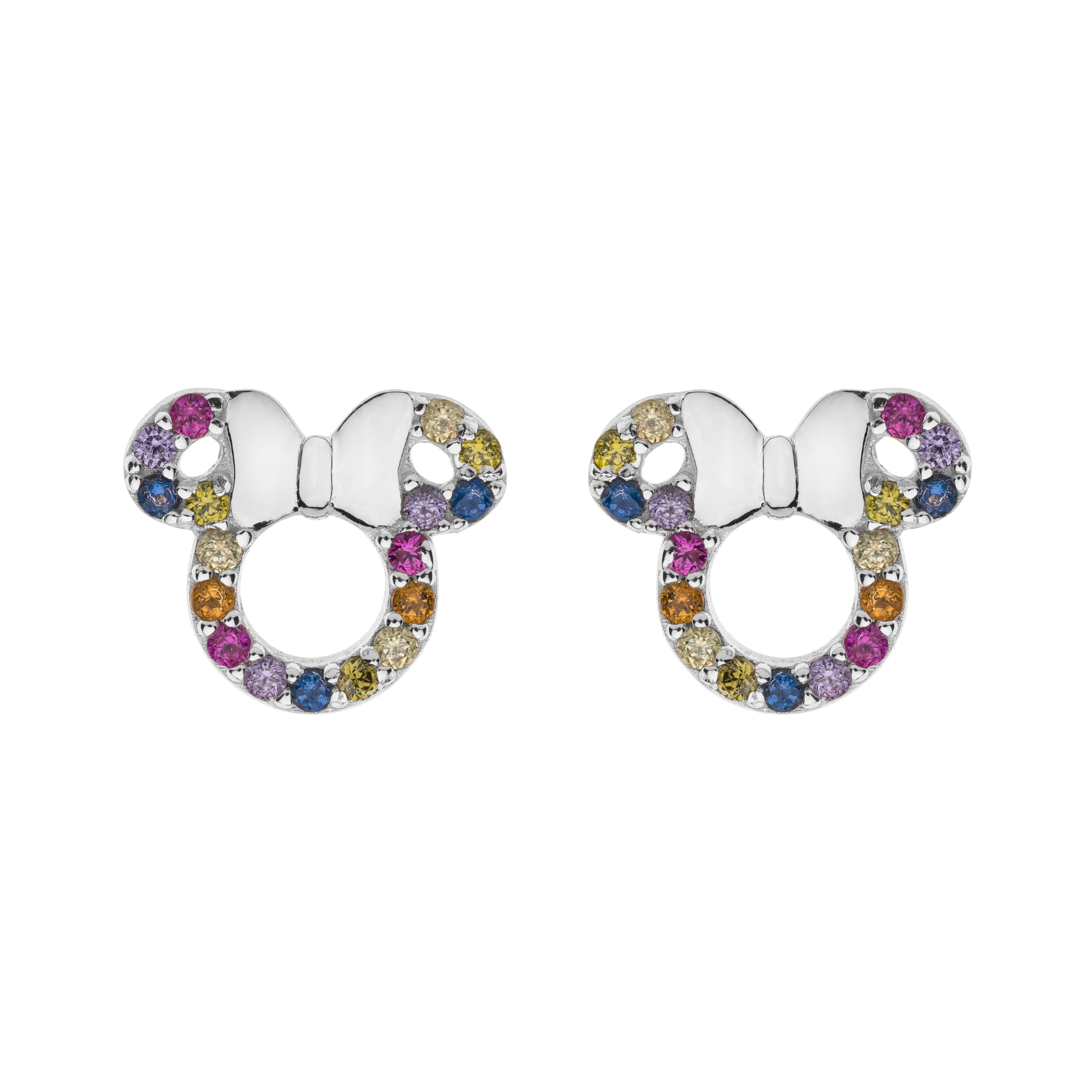 Disney Pendientes Disney Minnie, plata de ley con circonitas multicolores para niños y niñas, joyas Disney, UNICO, Plata de ley, Circonia cúbica