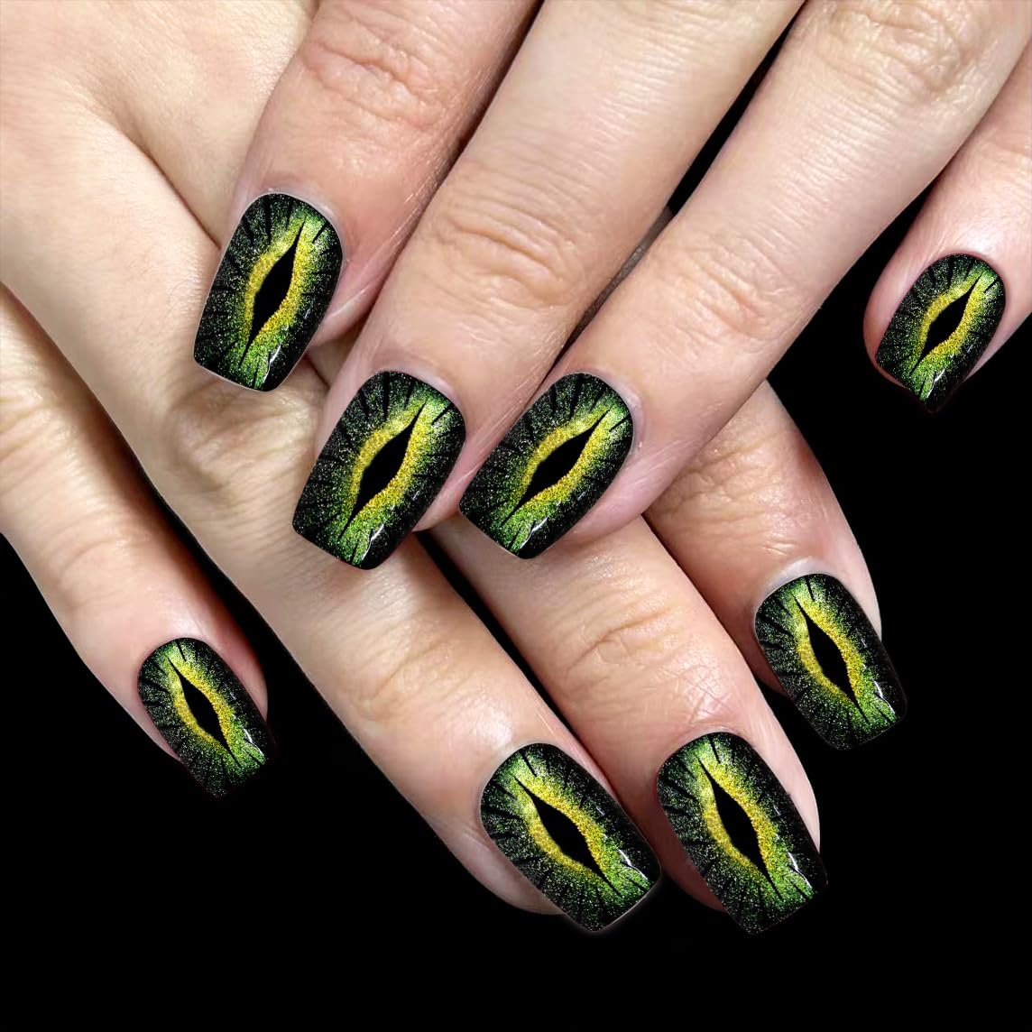 30 Pcs Sparkling Black Green Press on Nails Short Square Fake Nails Dark Green Chrome False Nails Full Cover Stick on Nails Shiny Glitter Designs for