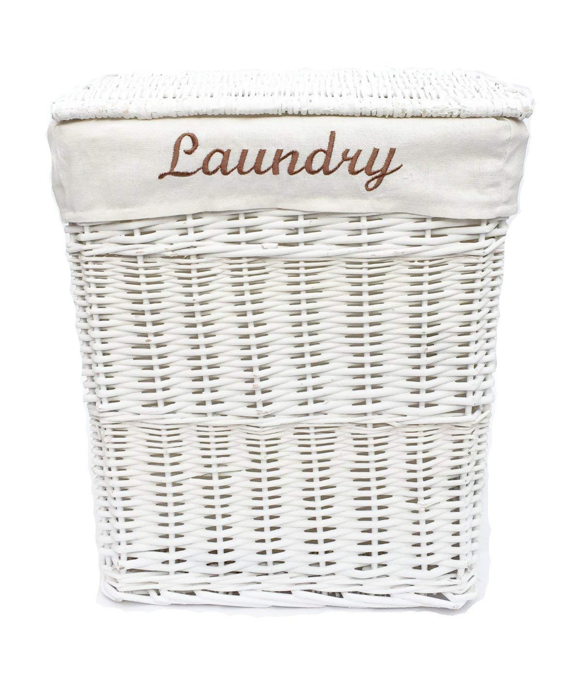Topfurnishing White Rectangle Wicker Laundry Basket Bin Bathroom Storage + Lining With Cloth (Medium 40X29x58cm)