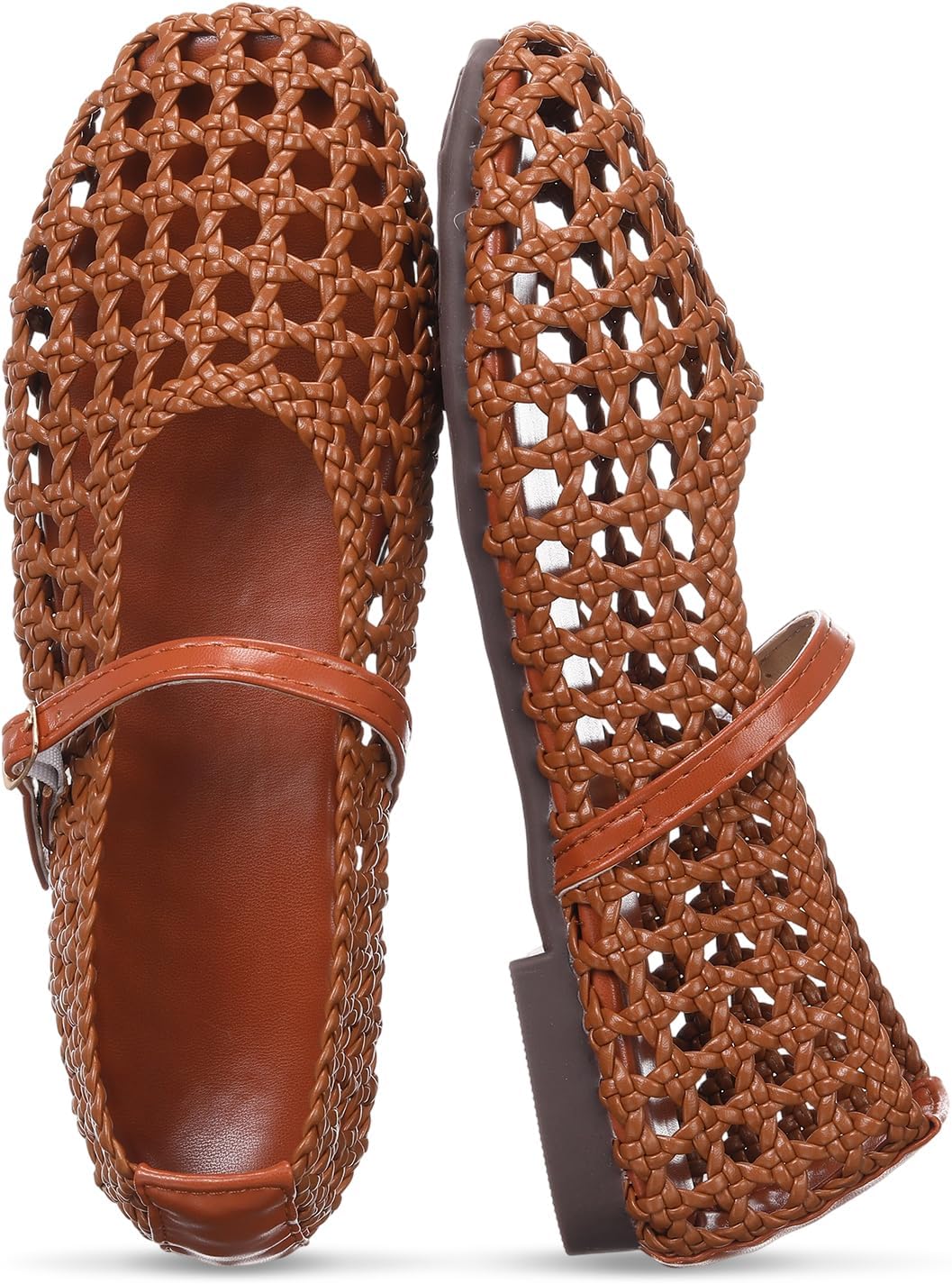 Women Woven Ballet Flat Dressy Mesh Ballerina Flat Comfortable Mary Jane Shoes Buckle Strap Square Toe Slip on Shoes