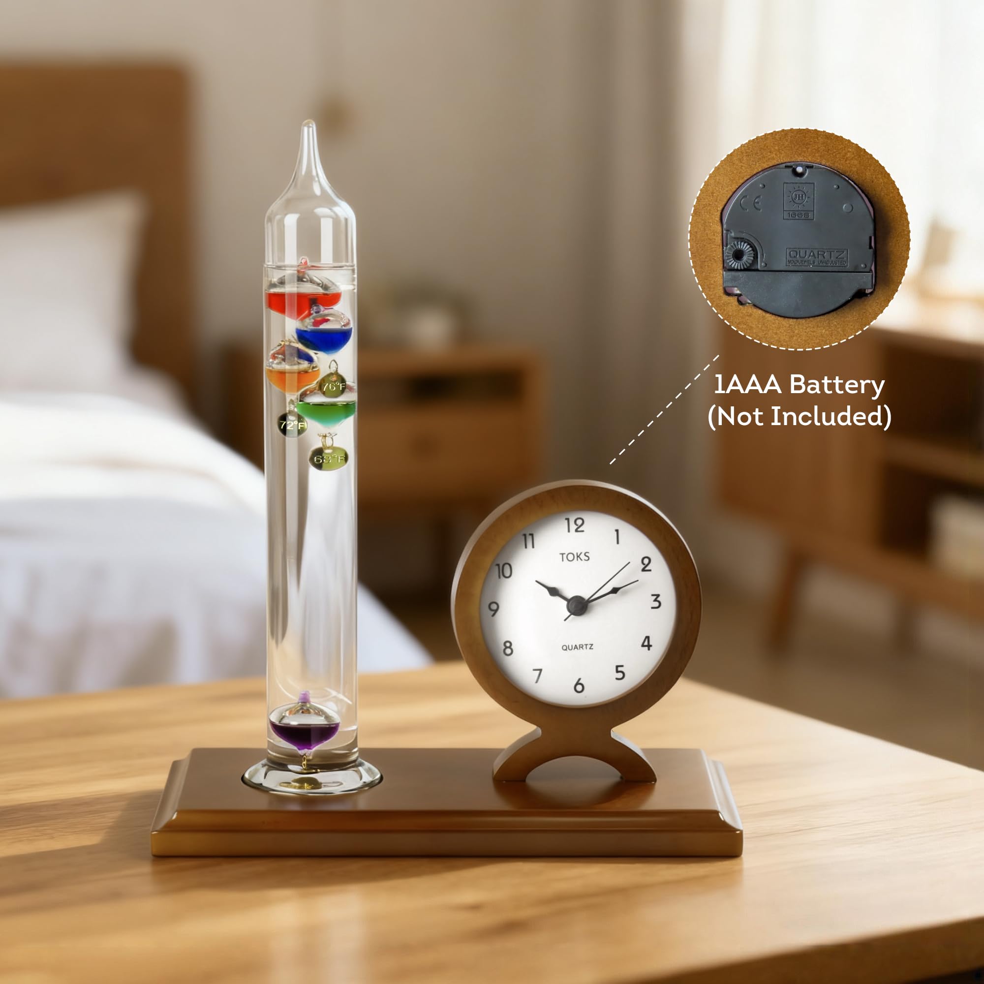 Lily's Home Galileo Termometro con Orologio - 5 Sfere - Gamma 64ºF-80ºF - Orologio con Movimento Silenzioso - Elegante Design 2 in 1 - Regalo Ideale per Arredamento Casa/Salotto - Termometro Galileo