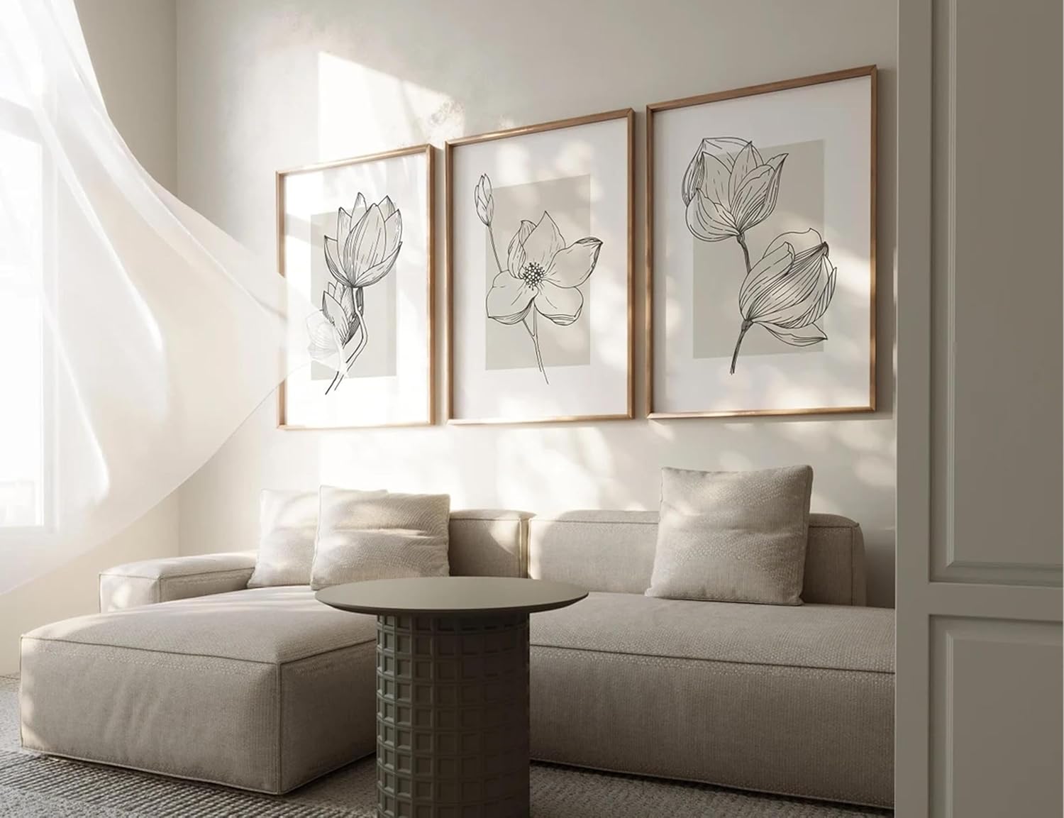 3Pcs Neutral Botanical Canvas Wall Art Beige Simple floral Painting Pictures Wall Decor Vintage Line flower Poster Print Artwork for Living Room Bedroom Bathroom Scene Home Decoration Unframed