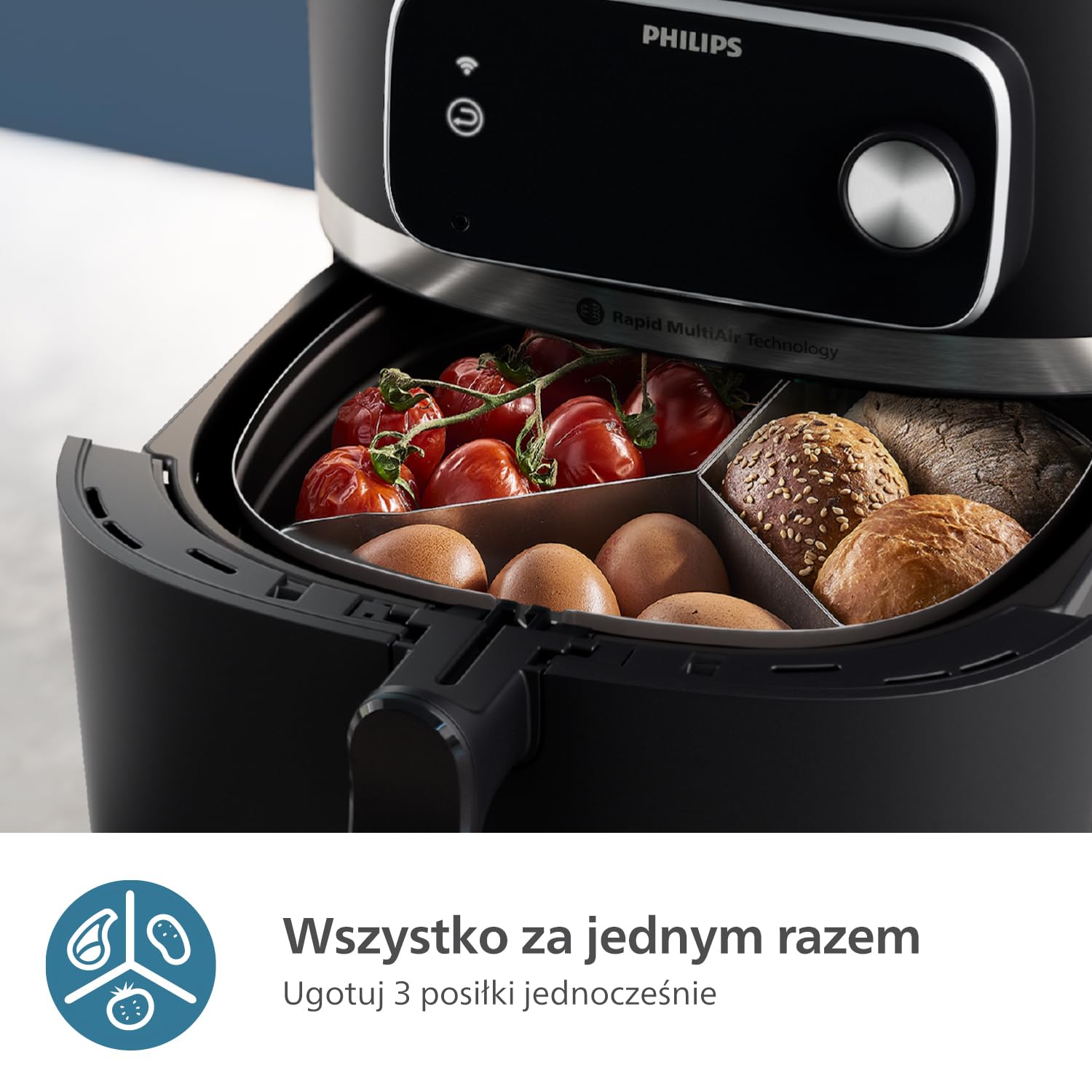Philips 3-częściowy separator do gotowania do Frytkownicy Beztłuszczowej XXL HD9875/90, akcesoria do Airfryera, przygotujesz do trzech potraw na raz, aplik. HomeID, można myć w zmywarce (HD9916/00)