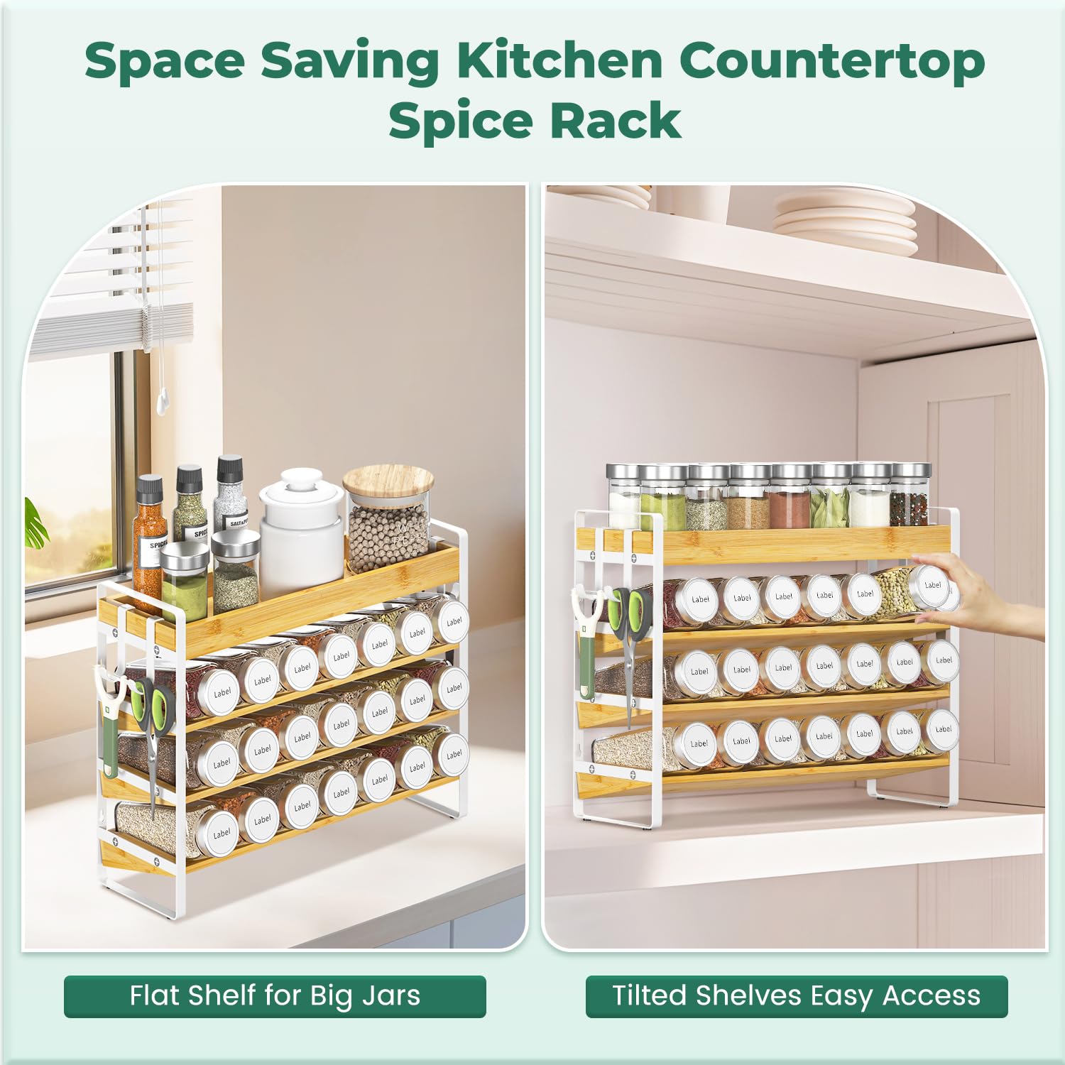 Organizador de condimentos para especias para encimera de cocina, 4 niveles de bambú para especias con 4 ganchos, soporte independiente montado en la pared para despensa, bambú blanco 4