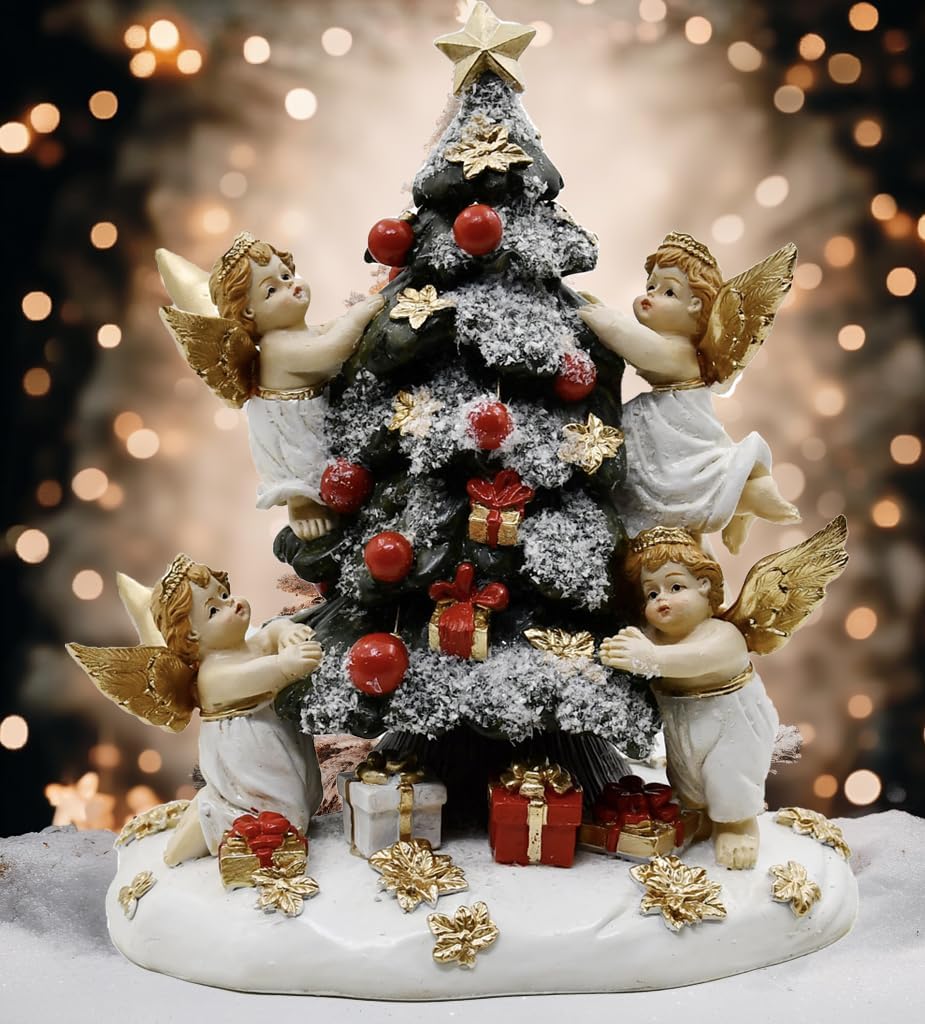 christmas tree with gifts statue decorated by angels, holiday decor, mantel or table figurine, 8 inches (green, red and gold)