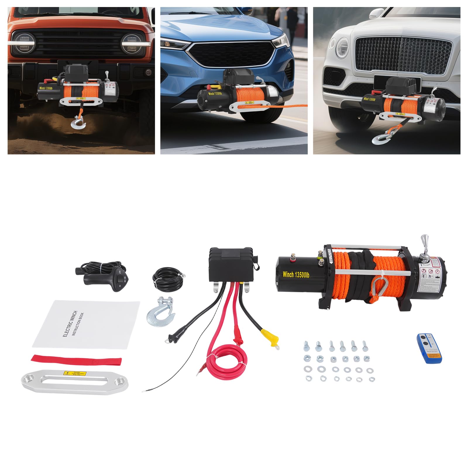 Cabrestante eléctrico de 12 V, 13500 libras, con cuerda de nailon, 26 m, cabrestante motor con función de bloqueo, cabrestante eléctrico con controlador con cable para ATV, UTV, SUV, camioneta