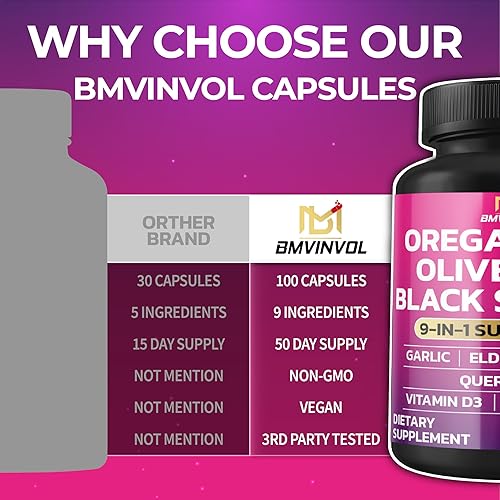 Miniatura 5 de BMVINVOL Semilla negra de hoja de olivo de ajo de orégano + 5 más - Suplemento de apoyo inmunológico y salud digestiva para mujeres y hombres - 100