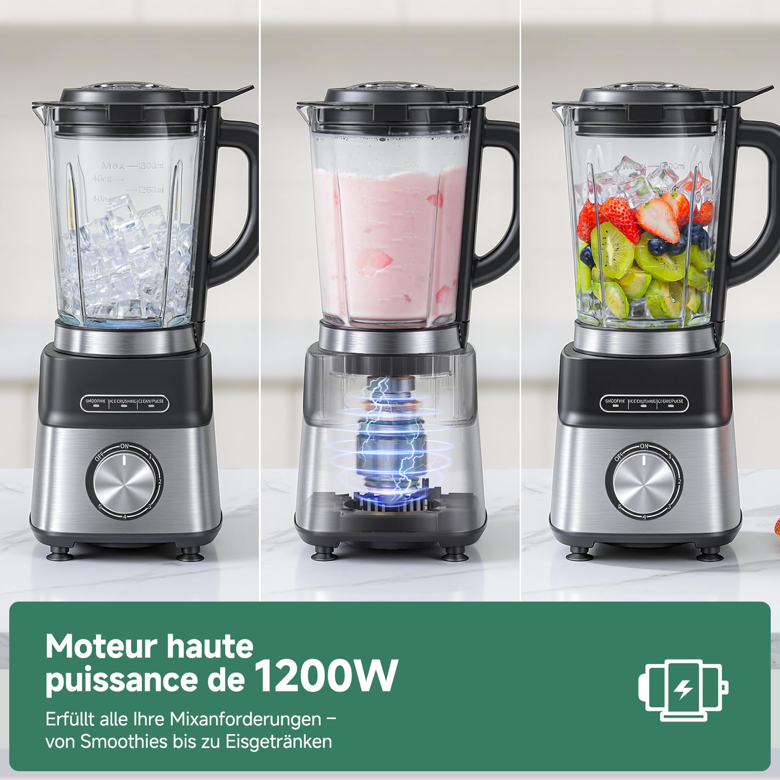 AMZCHEF Standmixer Gas Smoothie Maker mit Glasbehälter & 6-Klingen-System – Hochleistungs-Mixer 1200W für Smoothies, Eis & Shakes, 5-Stufen-Regler mit Pulse & Selbstreinigung