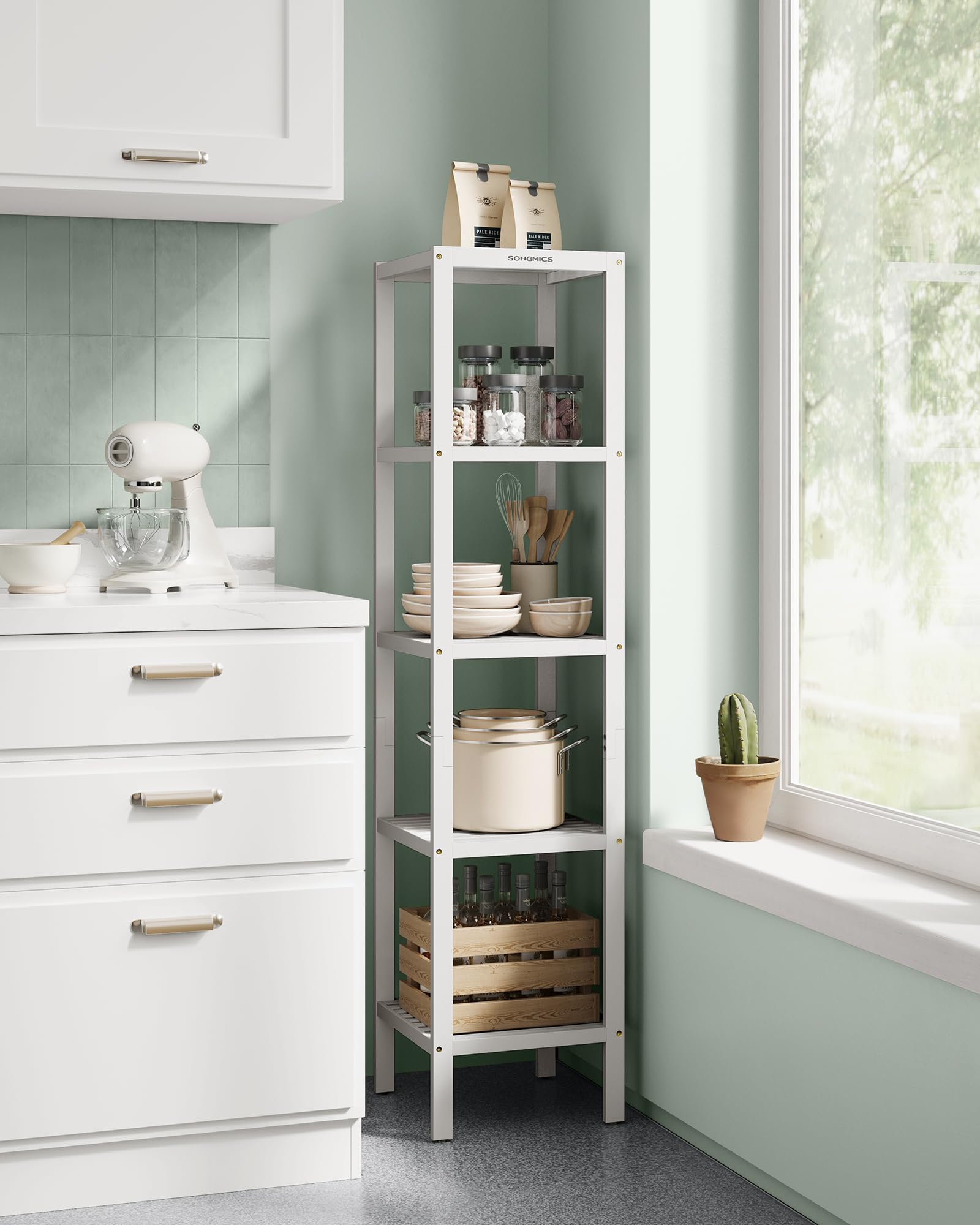SONGMICS Estantería de Baño de Bambú 5 Niveles, Estantería Esquinera Estrecha, Blanco Nube BCB055W01