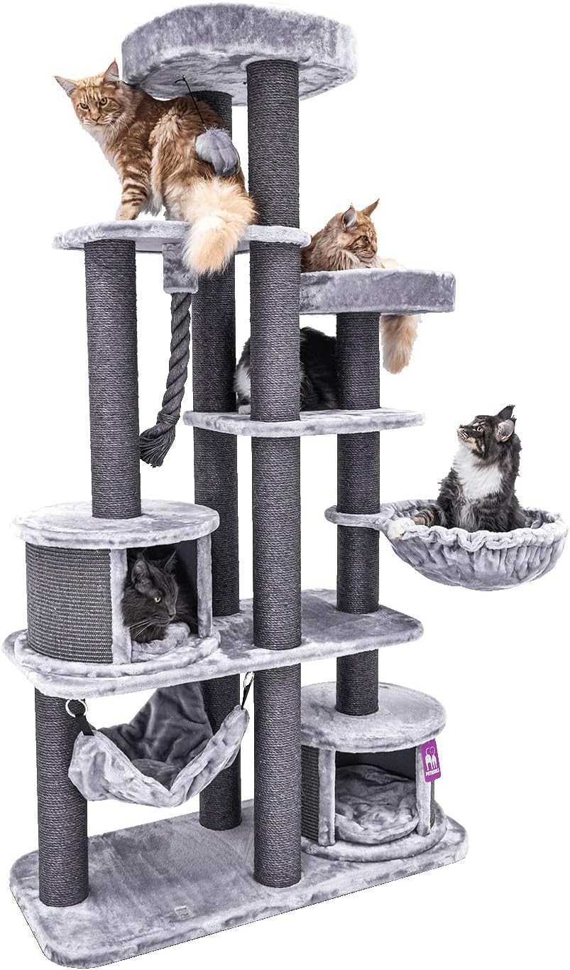 Petrebels XXL Maine Coon Cat Tree for Large Cats and Big Cat Breeds Extra Thick Posts Ø 12cm Scenic View 197 cm Grey Modern Cat Furniture