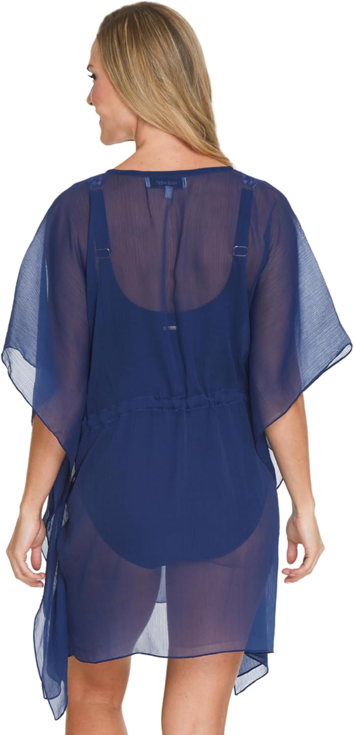 Nine West Women’s Sheer Chiffon Swim Cover-Up Dress, Lightweight Kimono Sleeve, with Waist Tie (Navy or White)