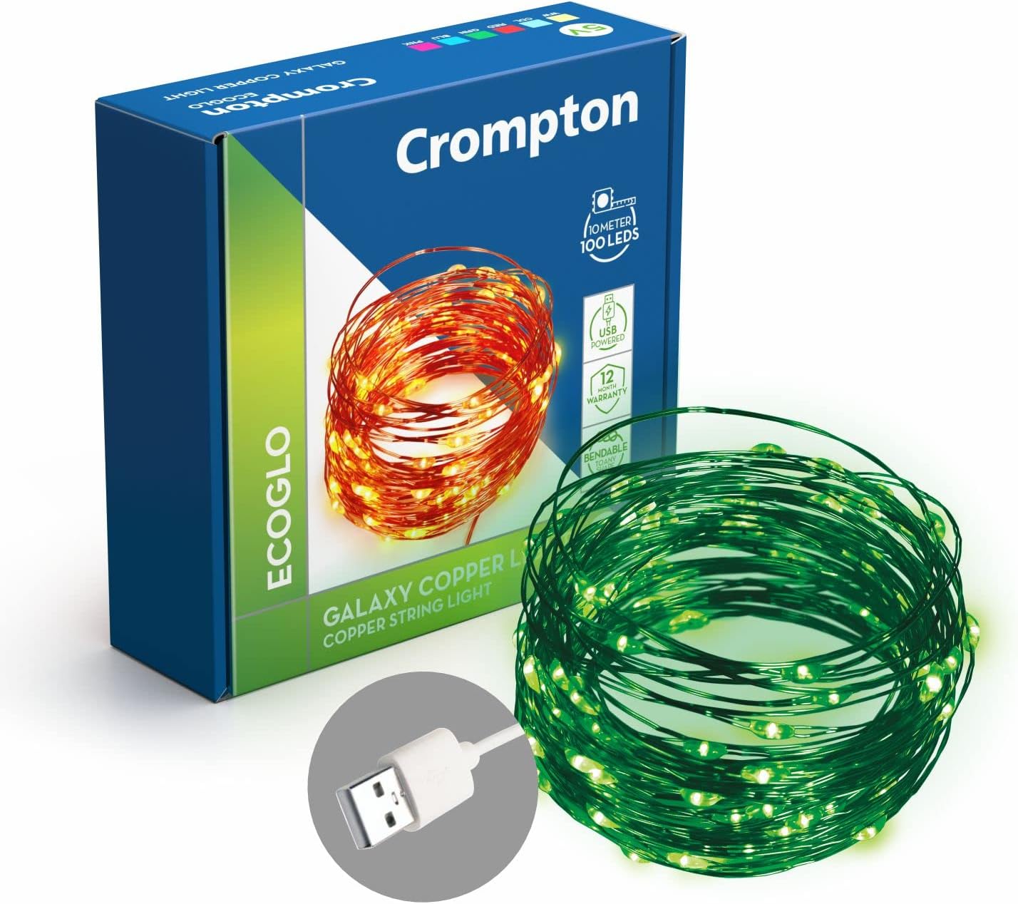 - Crompton Galaxy Decoration Copper USB Powered String Fairy Lights with 100 Led Light (10 Meters/ 32 Feet, Green, Pack of 1)