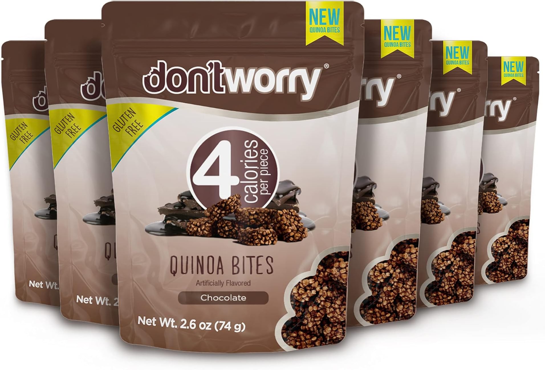 Don't Worry Chocolate Quinoa Bites - Low Calorie Snacks, Only 4 Calories per Piece, Healthy Granola Mini Bars, Low Carb Quinoa Crisps, Gluten Free Protein Snack - (Chocolate, 6 Pack)