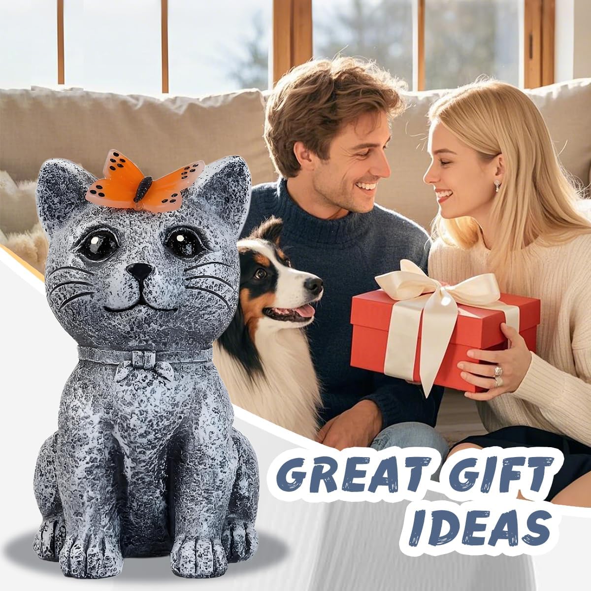 Solar Cat Garden Statues Outdoor Decor with Butterfly for Waterproof Yard Lawn Patio Balcony Porch Home Decor, for Mom Grandma Women Housewarming