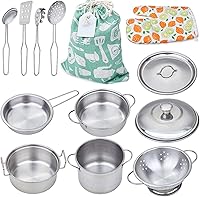 Yellora Stainless Steel Pots & Pans Playset for Kids - 12-Piece Pretend Kitchen Cookware Toys, Safe Durable Utensils for Toddlers Ages 3+