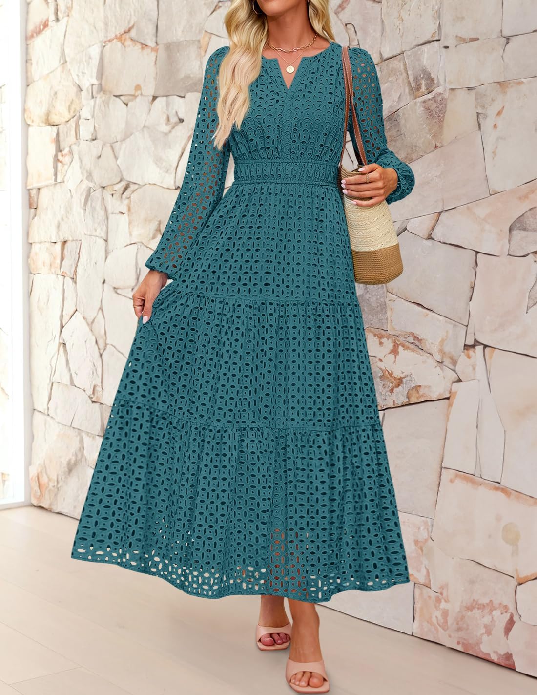 ZESICA Women's 2026 Spring Long Sleeve Maxi Dress V Neck Hollow Out Eyelet A Line Long Flowy Casual Party Dresses - Image 2