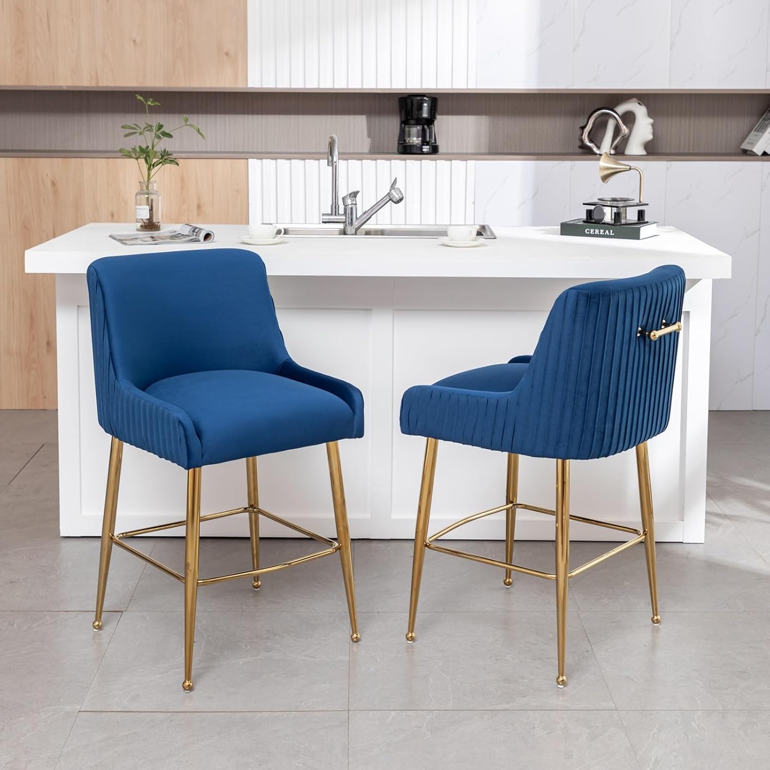 26” Velvet Counter Height Bar Stools Set of 2,Upholstered bar Chair Gold Bar Stools with Back, Beige Island Chairs with Gold Chrome Plated Metal Leg,Barstools for Kitchen Counter